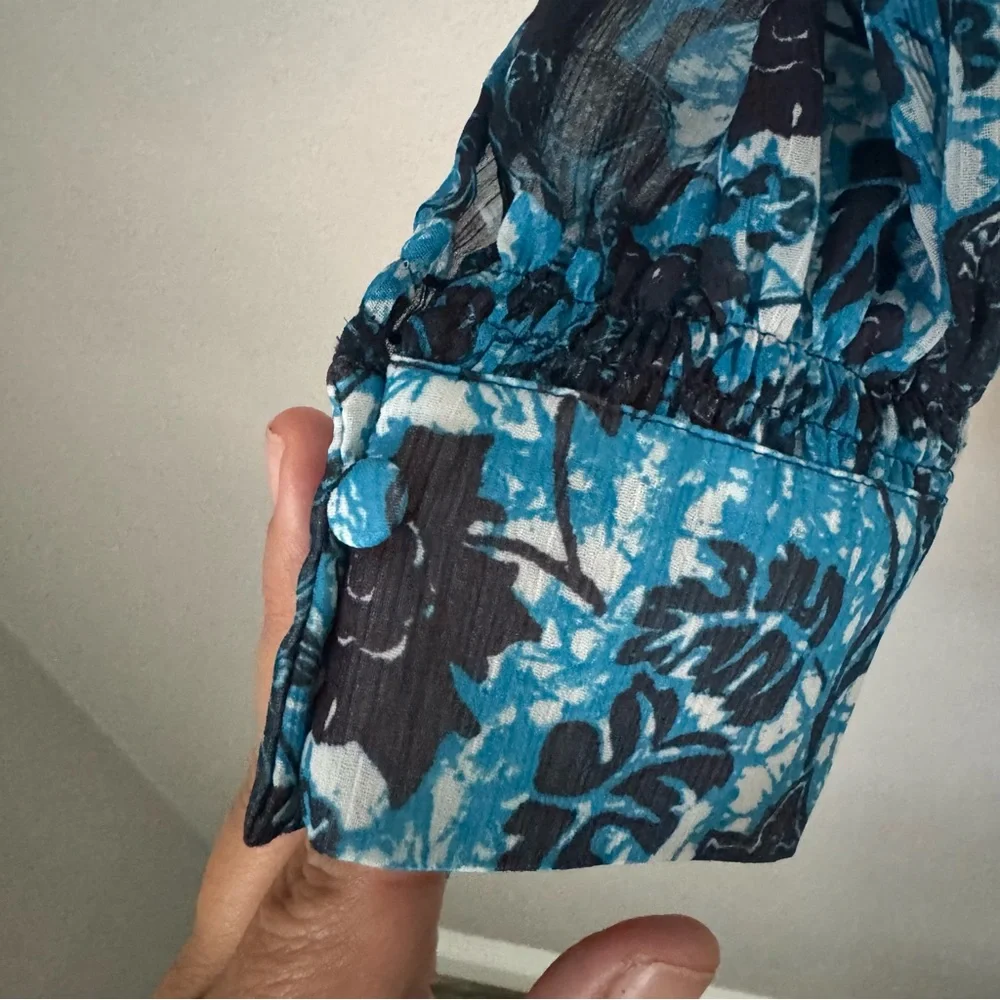 Anthropologie Sheer Printed Peasant Blouse Blue Motif XS - Picture 9 of 9